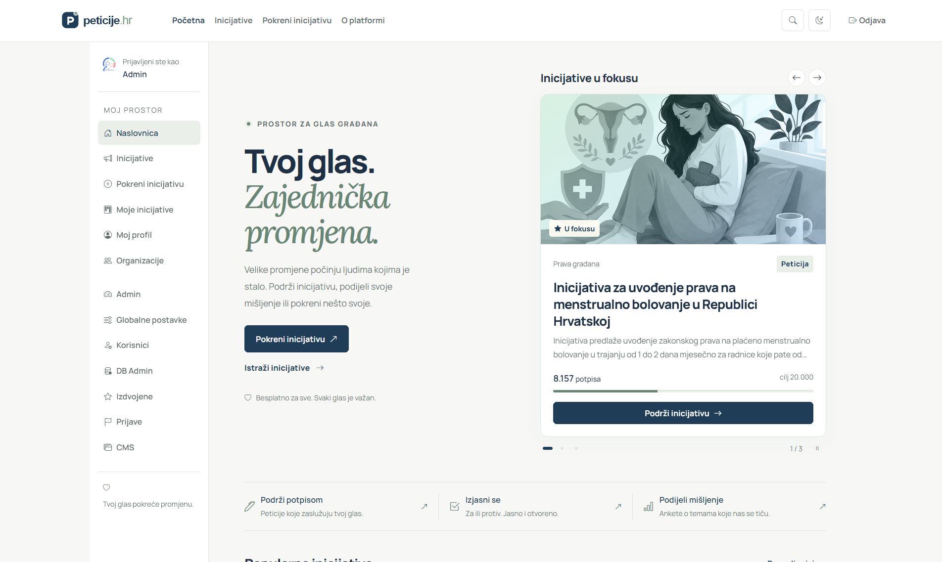 Peticije.hr — naslovnica platforme s inicijativama i korisničkim izbornikom